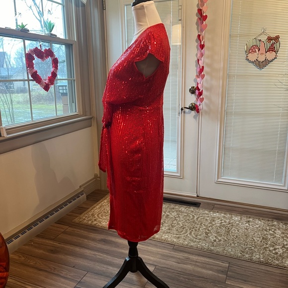 NWT Grace Karin Red Sequin Cap Sleeve V-Neck Tie Waist Bodycon Midi Dress - Picture 7 of 11